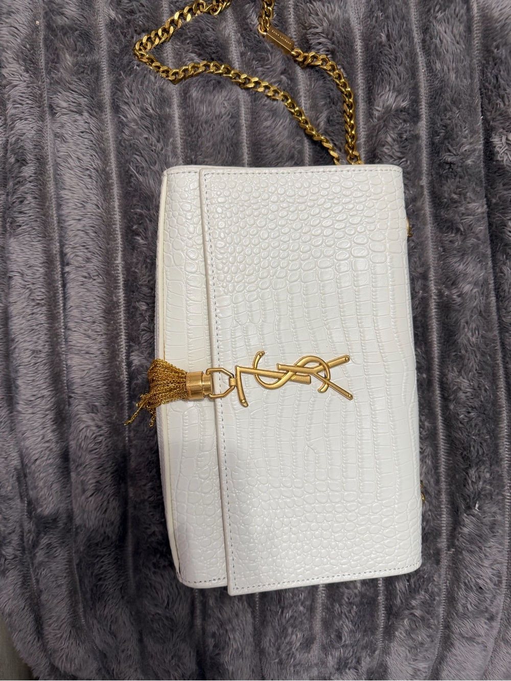 Yves Saint Laurent White Croc-Embossed Chain Crossbody with Gold Logo